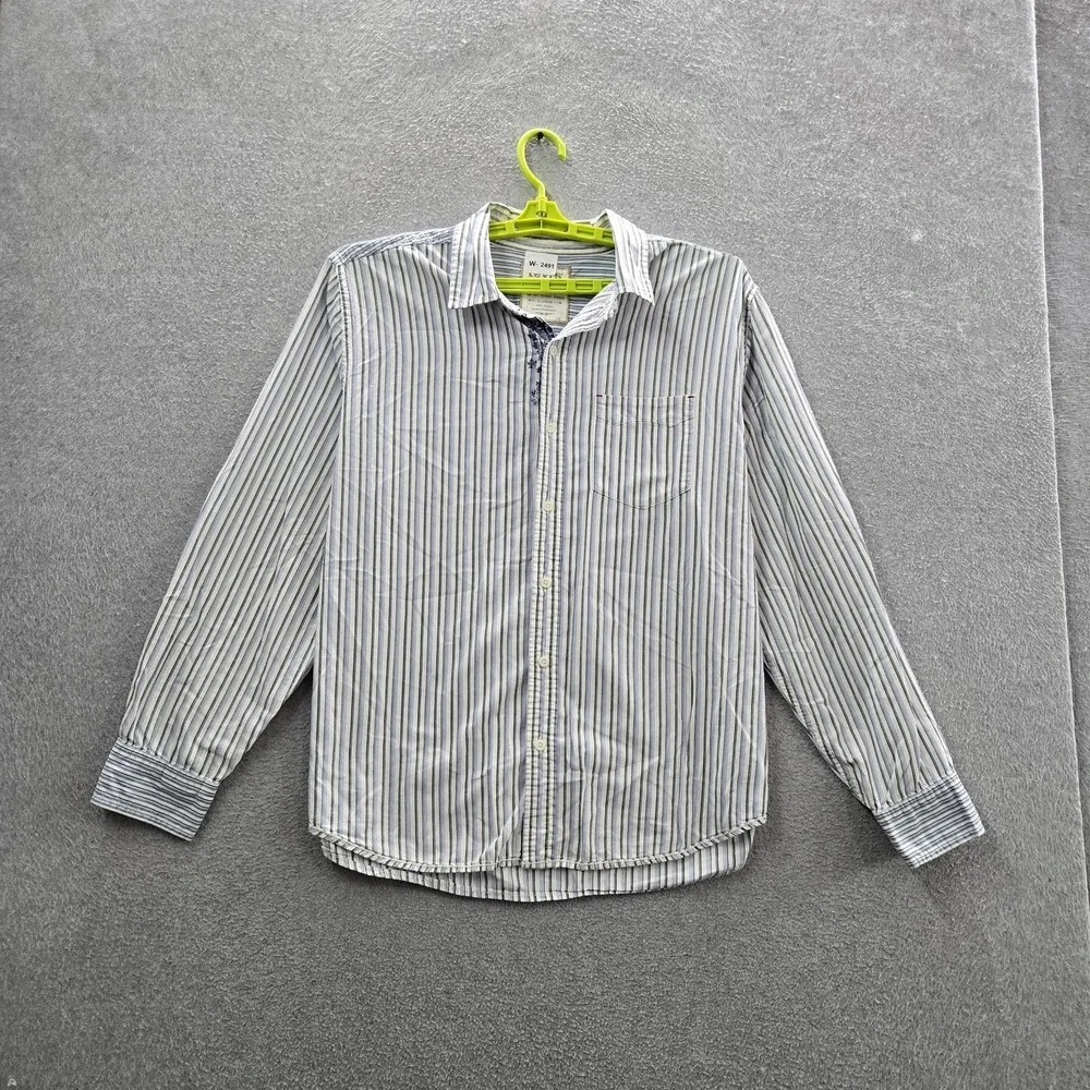Levi's Men Button Up Shirt X LARGE‎ White Striped Long Sleeve Logo